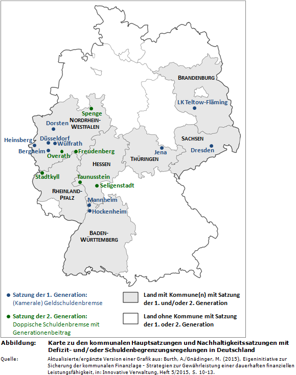 Karte zu den kommunalen Hauptsatzungen und Nachhaltigkeitssatzungen mit Defizit- und/oder Schuldenbegrenzungsregelungen in Deutschland