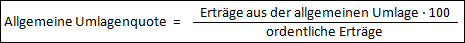 Allgemeine Umlagenquote = Erträge aus der allgemeinen Umlage * 100 / ordentliche Erträge