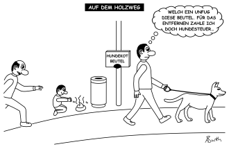 Karikatur/Cartoon zur fälschlichen Annahme, dass das Zahlen der Hundesteuer den Hundehalter von der Pflicht entbindet, Hundekot zu entfernen - klein