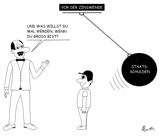 Karikatur/Cartoon zu den Staatsschulden und den Folgen einer Zinswende für nachrückende Generationen - klein