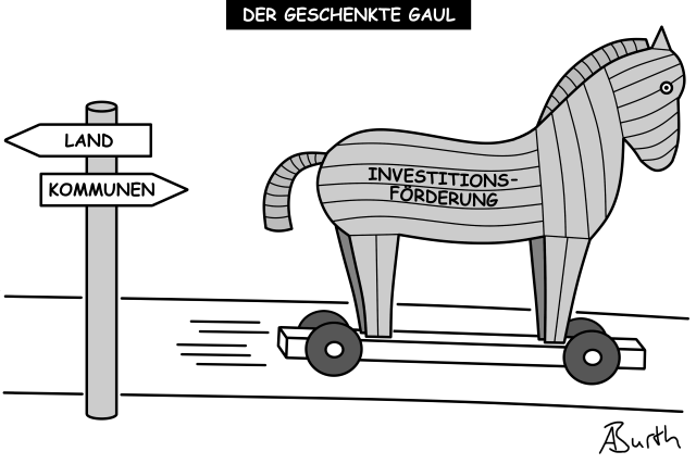 Karikatur/Cartoon zur Investitionsförderung für Kommunen als trojanisches Pferd (Eigenanteil und Folgekosten) - groß