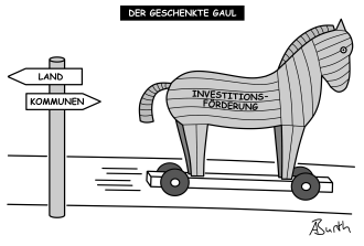 Karikatur/Cartoon zur Investitionsförderung für Kommunen als trojanisches Pferd (Eigenanteil und Folgekosten) - klein
