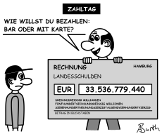 Karikatur/Cartoon 'Zahltag' zu den Schulden der Freien und Hansestadt Hamburg - Miniaturansicht