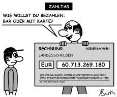Karikatur/Cartoon 'Zahltag' zu den Schulden des Landes Niedersachsen - Miniaturansicht