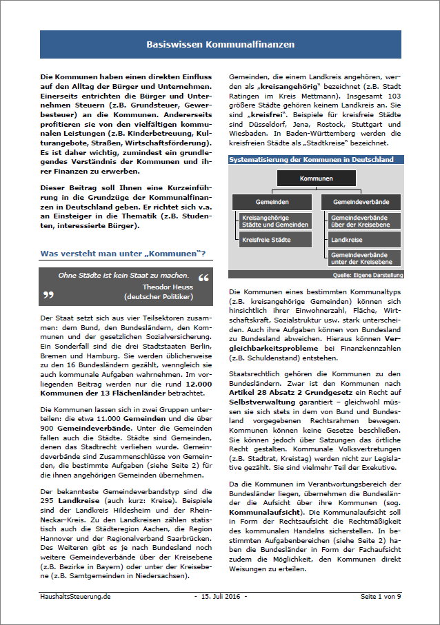 Basiswissen Kommunalfinanzen: Einführung in die Grundzüge der kommunalen Finanzen in Deutschland