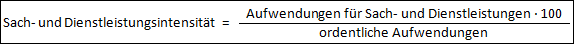 Sach- und Dienstleistungsintensität = Aufwendungen für Sach- und Dienstleistungen * 100 / ordentliche Aufwendungen